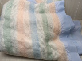 LULA S. vintage TWIN thermal blanket blue green pink or peach striped ny... - $98.99