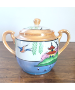 Lusterware 2 Handled Sugar Bowl and Lid w/Pagoda and Bird Peach and Blue... - £12.44 GBP