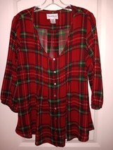 NorthStyle Ladies Medium Red/Green Plaid Sheer Blouse Pin Pleated, butto... - $16.69
