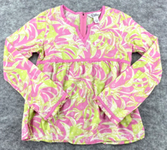 Lilly Pulitzer Girls Top Size 12 Pink Embroidered Green Long Sleeve Back 1/4 Zip - $18.49