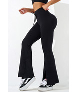 Black Drawstring High Waist Split Yoga Flared Leggings - $351.17 MXN