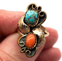 Old Navajo Pawn Gold Plated Ring with Turquoise &amp; Coral Size 5 ¼ - £55.15 GBP