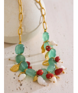 Green Natural Stone &amp; Shell Beaded Boho Chunky Choker Statement Necklace... - $33.95
