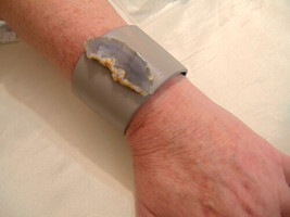 INC  Gold Tone Gray Band Gray Double Snap Cuff Bracelet D400 - $15.35