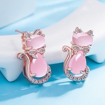 Fashion Cute Cat Stud Earrings Inlay Pink Opal Dainty Rose Golden Piercing Jewel - £10.47 GBP