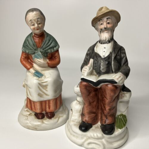 Flambro Porcelain Figurines Elderly Couple Reading Old Man Woman Seated Cards - $17.59