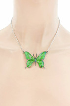 Green Enamel Butterfly Fun Casual Everyday Dainty Necklace Earrings Set - £11.46 GBP