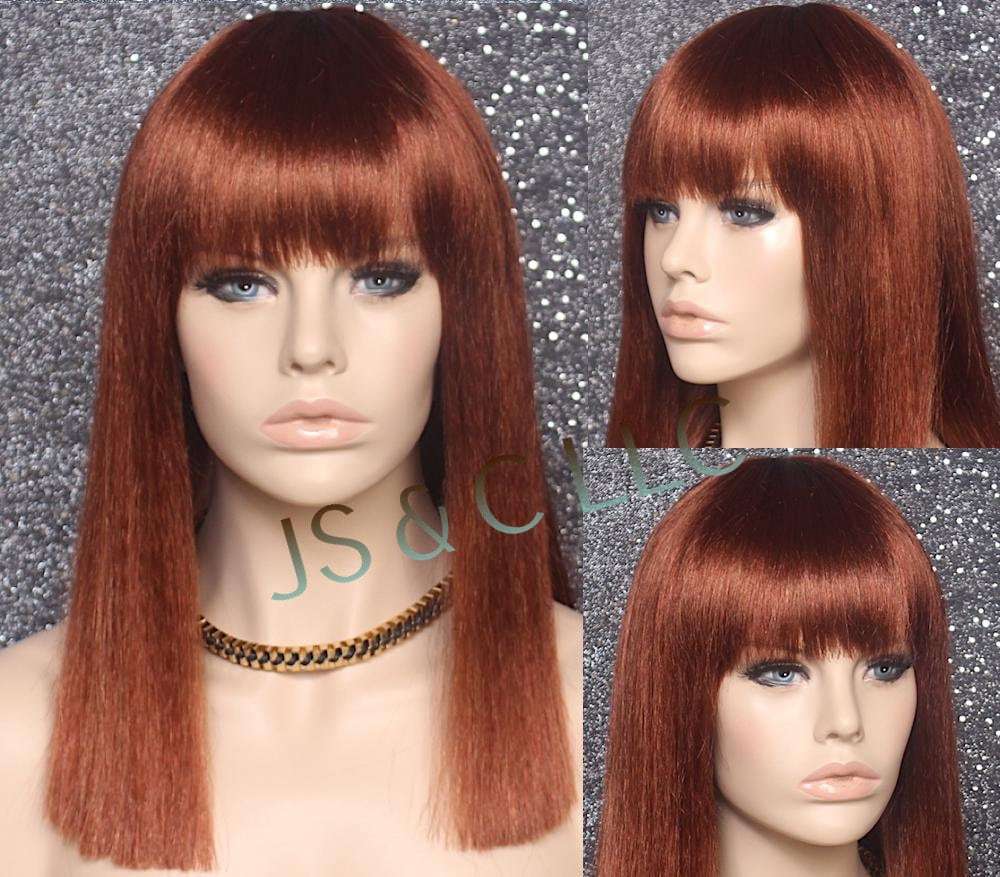 Brownish Copper Red Wig Kinky Straight Blunt Cut Back and Bang Cancer Alope - $58.95