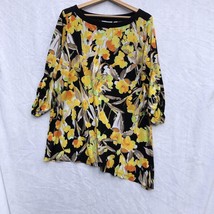 Susan Graver Size 1x Black w Yellow Flowers Knit Tee Ruched Sleeve Tunic - £19.77 GBP