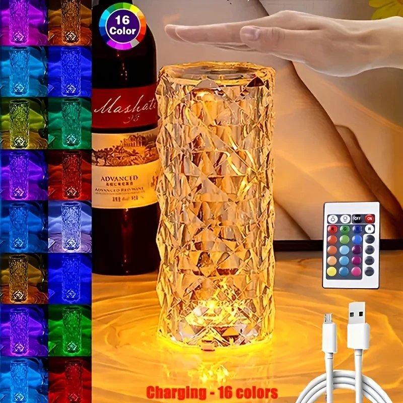 Crystal Lamp 16-Color Changing RGB Night Light Touch Lamp USB Romantic LED Rose - £8.80 GBP