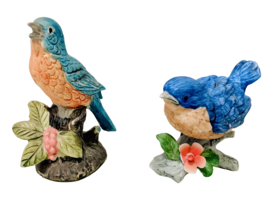 Homco 2 Blue Birds With Flowers On Branch  # 8885 Ceramic Bisque Figurines Set - $12.95