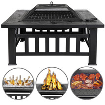 Outdoor 32&quot; Metal Firepit Backyard Patio Garden Square Stove Fire Pit Mesh Cover - £86.98 GBP