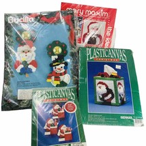 4 Christmas Plastic Canvas Kits Tissue Box Cover Up Ornaments Door Hanger Vtg - £17.60 GBP