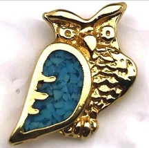 Owl Pin Gold Tone Small Brooch Crushed Turquoise Vintage - $12.95