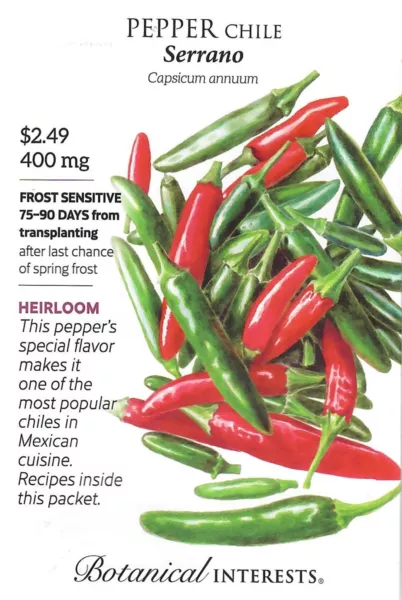 Pepper Chile Serrano Heirloom Vegetable Seeds Botanical Interests 12/24 Fresh Ne - £7.59 GBP