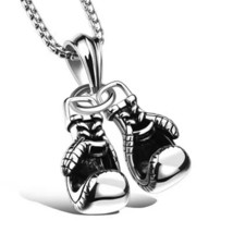 Mens Silver 3D Boxing Gloves Pendant Necklace Punk Biker Jewelry Box Chain 24&quot; - £9.48 GBP