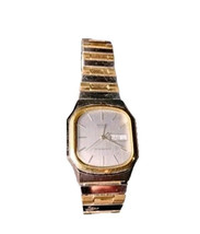 Vintage Sharp Men&#39;s Watch 80s Tank Quartz Silver Gold 2 Tone Day Date Waterproof - $32.41