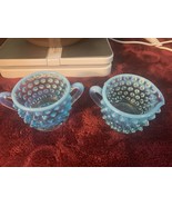 Beautiful Vintage Blue Opalescent Glass Miniature Cream &amp; Sugar Set FENTON - $27.08 CAD