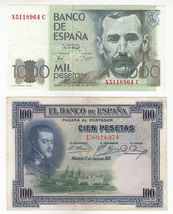 Espagne, 1000, 100 Pesetas, Ensemble 2 Old Issues, Billets de Banque - $39.20