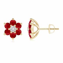 Natural Ruby Round Stud Earrings with Diamond in 14K Gold (Grade-AAA , 1... - £430.39 GBP