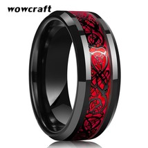 8mm Mens Womens Black Tungsten Carbide Ring Wedding Band Polished Shiny Red Opal - £20.73 GBP