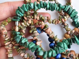 Small Lot 7 Beaded Necklace Bracelets Malachite, Unakite Jasper, Wood &amp; Cats Eye - £6.40 GBP