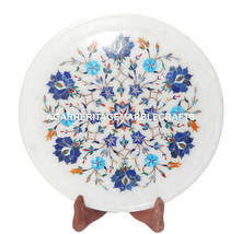 White Marble Round Plate Lapis Lazuli Marquetry Inlay Floral Kitchen Decor H1281 - £125.73 GBP+