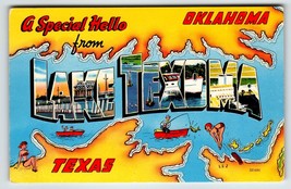 Greetings Hello From Lake Texoma Texas Oklahoma Large Letter Map Chrome Postcard - £13.09 GBP
