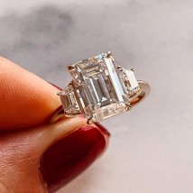 CZ AAA+4 CT Emerald Cut Three Stone Moissanite Engagement Ring, Side Trapezoid  - $99.00