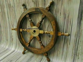 Nautical Wooden Ship Steering Wheel Pirate Decor Wood Brass Fishing Wall Boat - £78.87 GBP