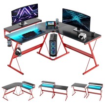 L-Shaped Carbon Fiber Gaming Computer Desk With RGB Lights &amp; Monitor Stand - £230.97 GBP