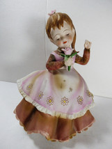 VTG Lefton China Japan Dancing Singer Girl Figurine Flower Ponytail Brown Dress - £27.37 GBP