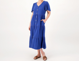 Susan Graver Reg Pure Linen Blend Tiered Button-Front Midi Dress River Blue, XS - £23.70 GBP
