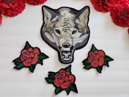 4pc/set. Wolf patch, Embroidered Iron on animal patch, Sequin Flower pat... - $11.87