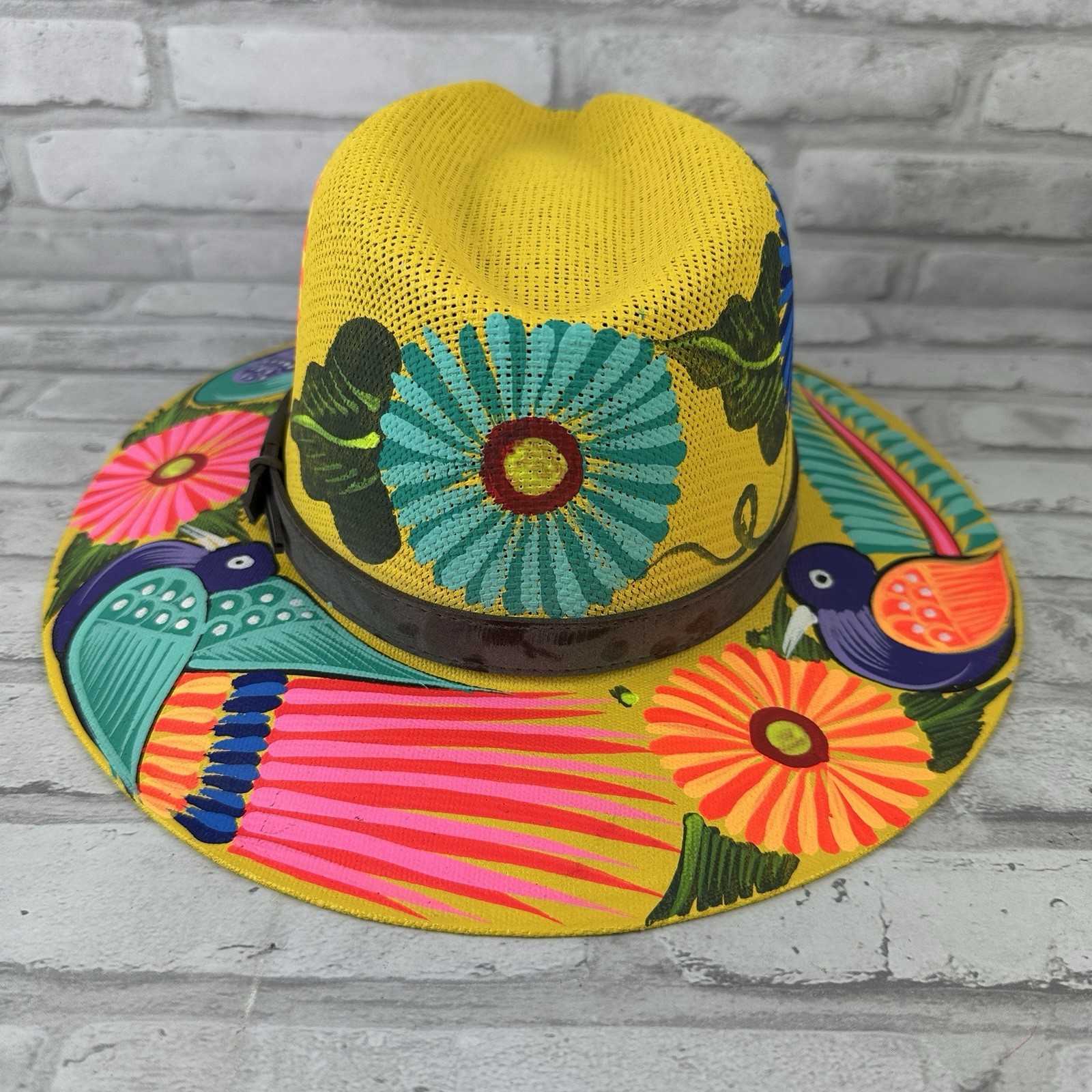 MEXICAN Artisanal Hand Painted Fedora Mandala Sombrero Panama Bohemian Yellow Item image 4