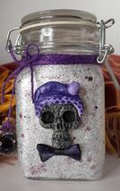 Purple Glittery Santa Skull Square Glass Jar Trinkets Stash Candy Coupon... - $11.95
