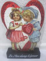 Vintage Style Valentines Glitter Wood Tabletop Sign Small Children Decor - $360.27 MXN