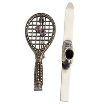 Vintage Sterling Silver Sports Equipment Brooches: Tennis Racket W. Gems &amp; Ski - £73.61 GBP
