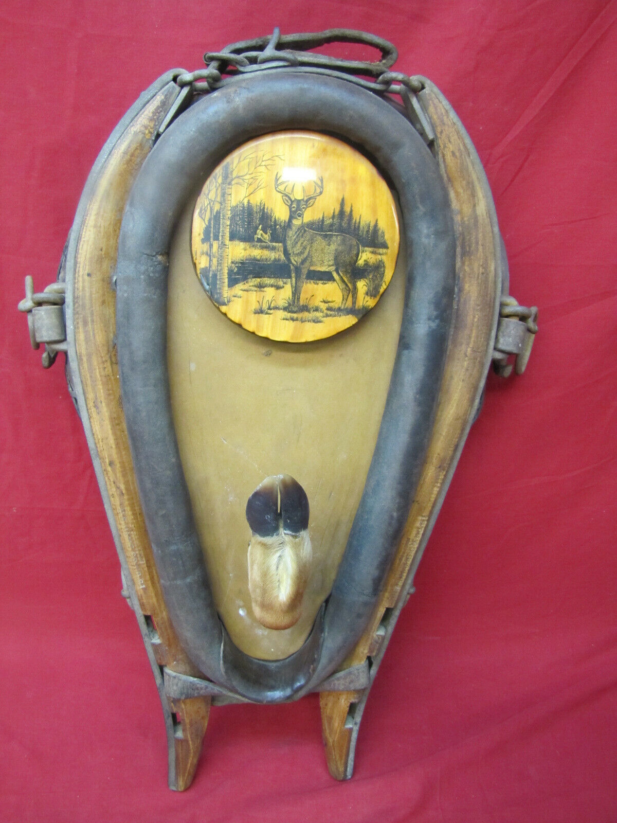 Vintage Wall Mounted Horse Collar White Tail Deer Hoof Hat Coat Hanger - $74.24