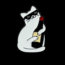 Fun Cat with Wine Bottle and Sunglasses Brooch - Quirky Enamel Lapel Pin - $6.93