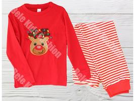 Kids Christmas Pajamas - Red and White baby Christmas pajamas -  Reindee... - $24.96