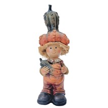 Scarecrow Figurine Halloween Autumn Fall Hat Holding Gourd Costume Straw 7&quot; - £6.39 GBP
