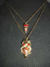 1970s Double Pendant Necklace Owl Mom &amp; Baby Red Gemstone Eyes Enamel Tummy - £17.37 GBP