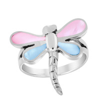 Mystical Dragonfly Blue-Pink Mother of Pearl Wings .925 Sterling Silver Ring-7 - £13.84 GBP