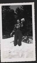 SNAPSHOT from ALBUM * May 1951 DONNER PASS Letha in snow holding snowball - $8.50
