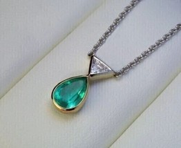 1.50Ct Pear Cut Lab Created Green Emerald Pendant Necklace 14k White Gold Plated - £84.18 GBP