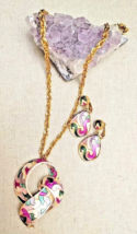 Pastel Cloisonne Flourishes Necklace &amp; Clip on Tear Drop Earrings Set 80&#39;s Glam - £37.78 GBP