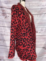 Joseph A Open Front Leopard Cardigan Womens M Red Black Long Sleeve Fuzzy Pocket - £21.23 GBP