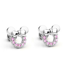 14K Yellow Gold Plated Silver Pink Cz Mouse Children Baby Girls Earrings - £18.45 GBP