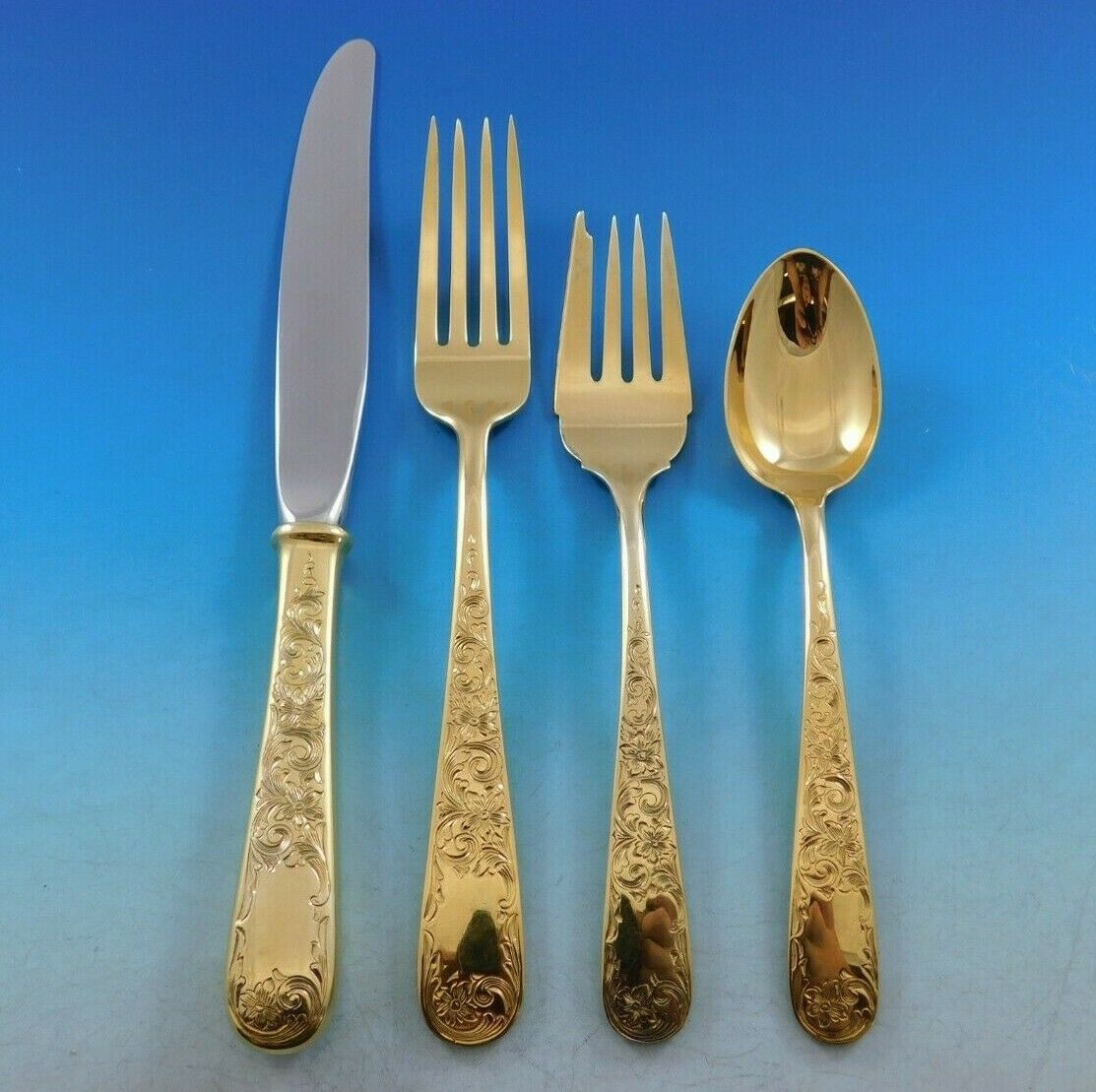 Old Maryland Engraved Gold Kirk Sterling Silver Flatware Service 12 Set Vermeil - $5,445.00